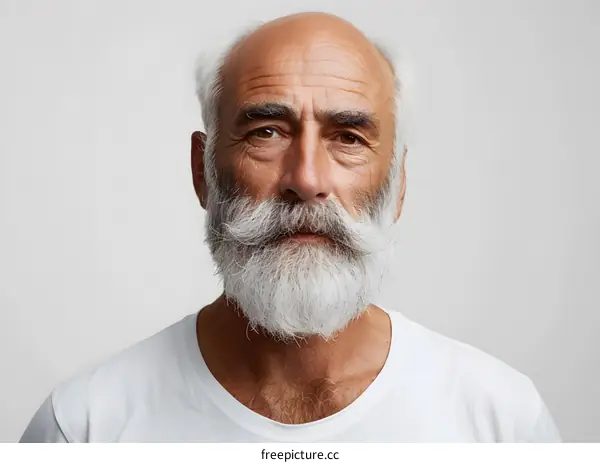 Close Up Portrait of Senior Man with Long White Beard and Mustache