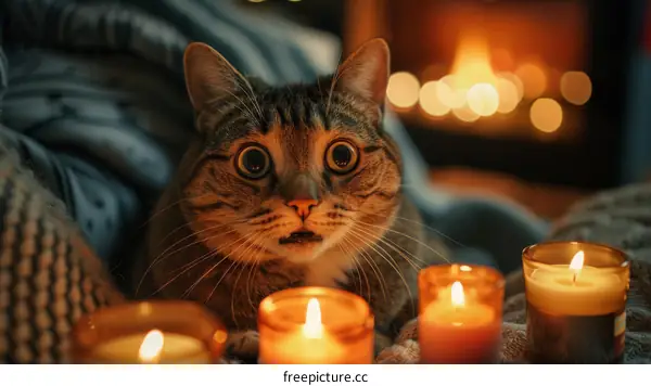 Afraid Cat near a Fireplace