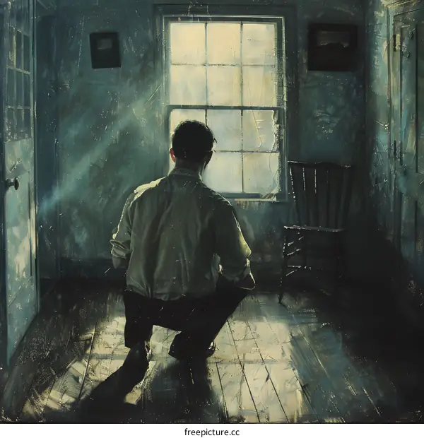 Man Kneeling in Dark Room