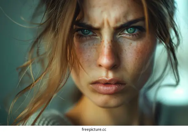 Portrait of a young woman with green eyes and freckles