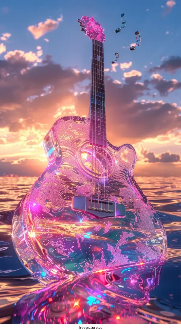 Guitar floating on water with sunset sky