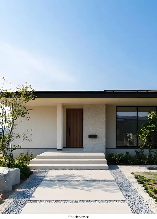 Modern House with Stone Pathway and Green Grass