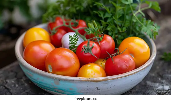 A bowl of fresh tomatoes and garlic with parsley on a wooden table