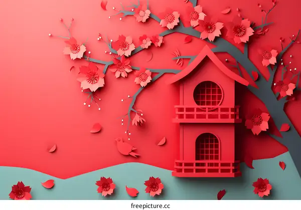 A red paper-cut illustration of a birdhouse under a cherry blossom tree
