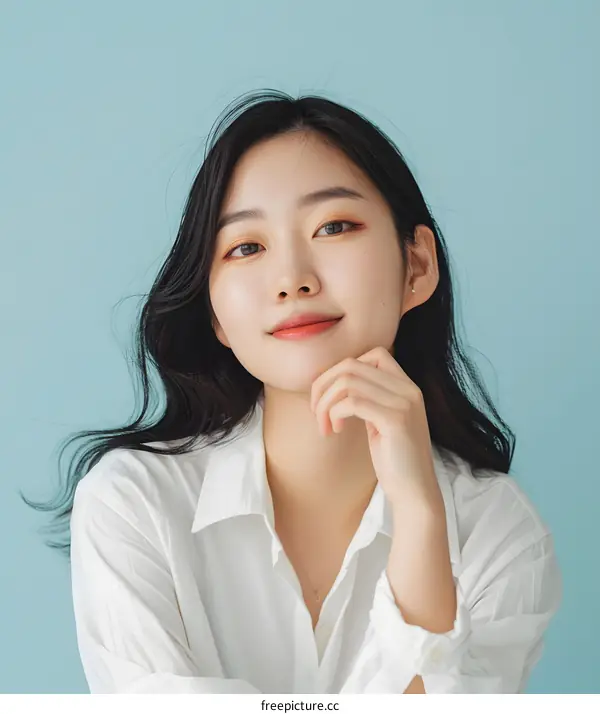 Portrait of a Young Asian Woman with Long Black Hair Wearing a White Shirt