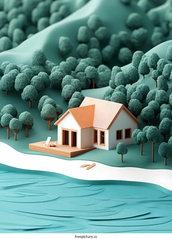 Minimalist 3D Illustration of a White House by the Sea