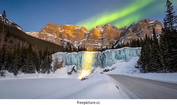 Frozen Waterfall and Northern Lights in Canadian Mountains