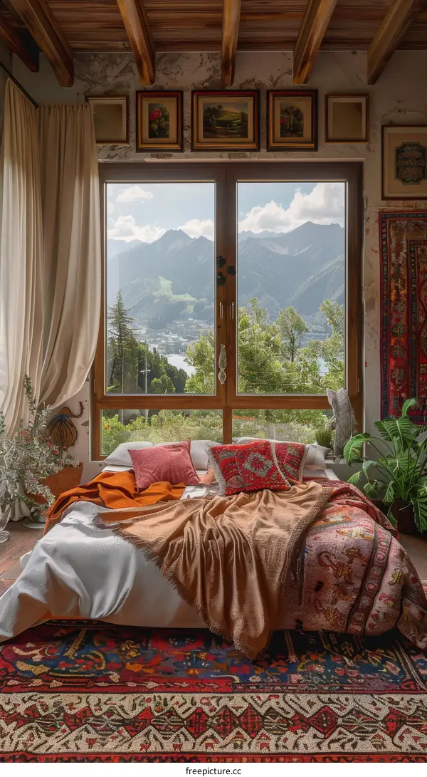 A cozy bedroom with a view of the mountains