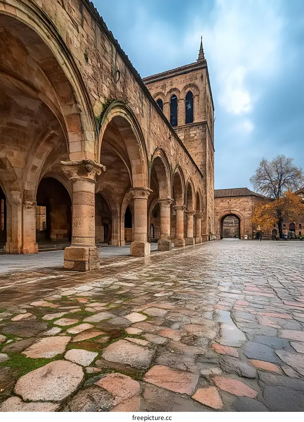 Stone Arches and Cobblestone Courtyard of an Ancient Building