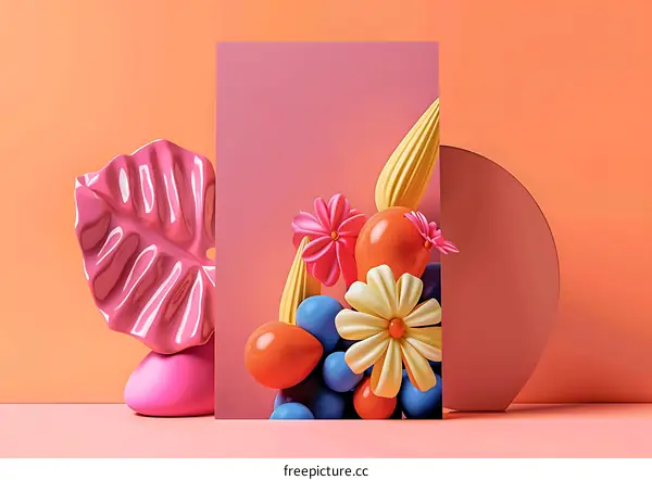 Colorful 3D Rendered Flowers and Balloons on a Pink Background