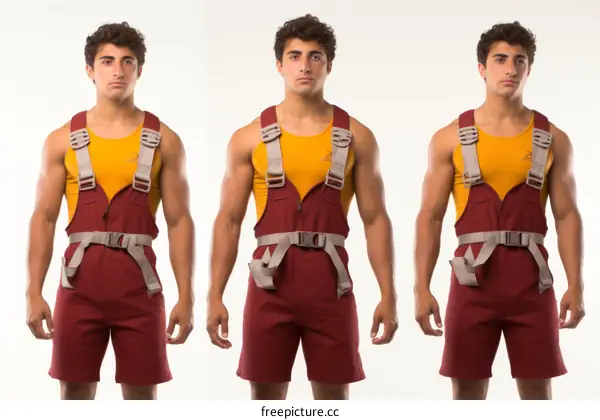 Three young male models in red jumpsuits and yellow harnesses