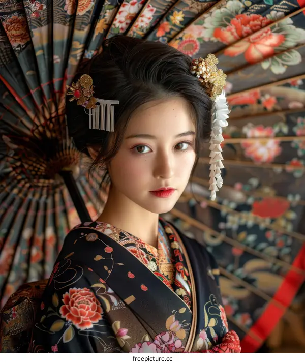 Portrait of a beautiful Japanese woman in traditional kimono with an umbrella