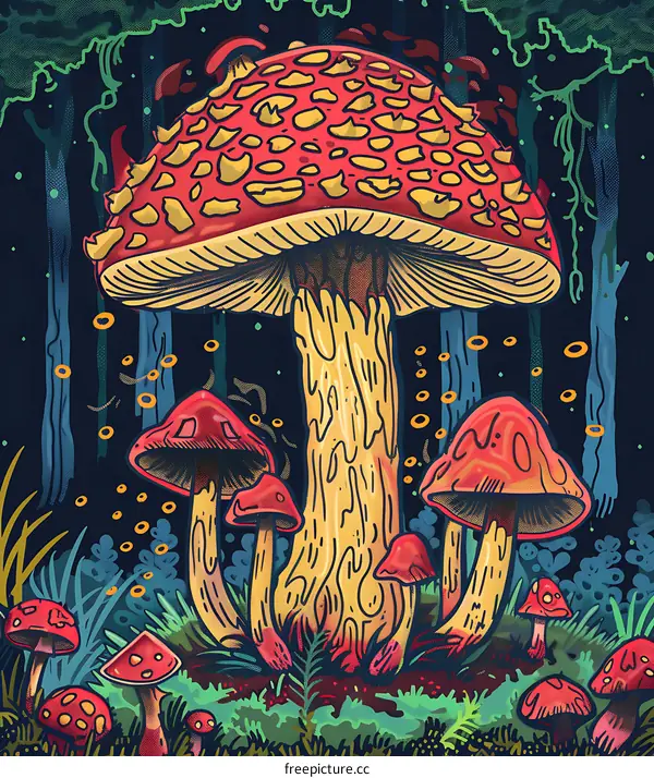 Psychedelic Mushroom Illustration With Red Caps And Yellow Stems
