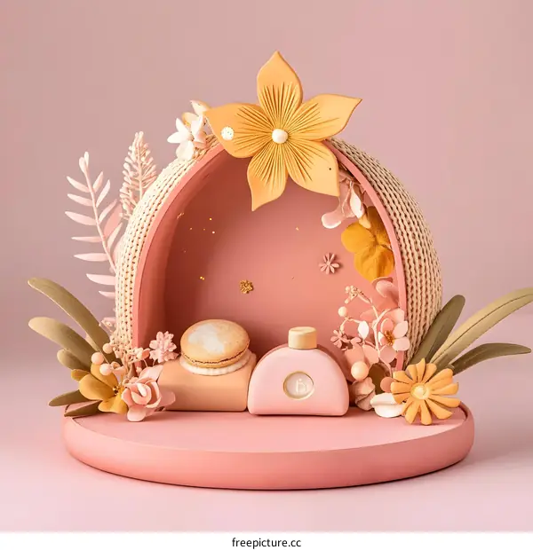 Floral Papercraft Diorama With Macaron And Perfume Bottle