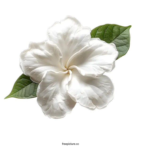 [Transparent Background PNG]A white flower with green leaves on a white background