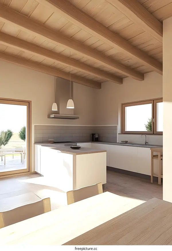 Modern Kitchen Interior Design with Wooden Beams and White Cabinets