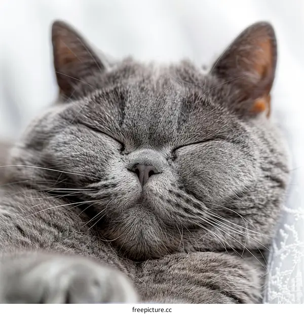 A gray shorthair cat is sleeping soundly