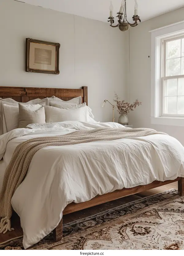 Cozy Neutral Bedroom With Wood Bed Frame And Textured Bedding