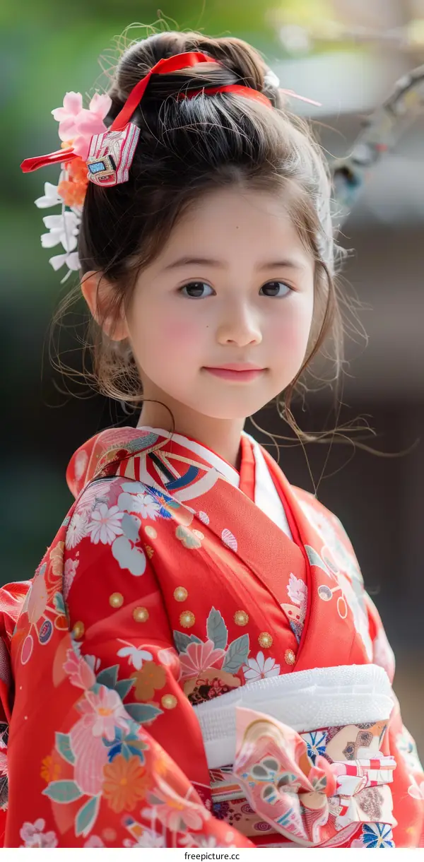 A Little Girl Wears a Traditional Japanese Kimono