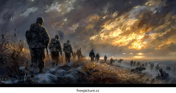 A group of soldiers walking through a snowy field during World War II