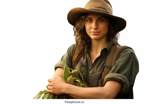 A young female farmer standing in a field of corn
