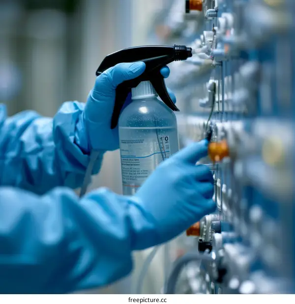 gloved hands spray chemical onto industrial equipment
