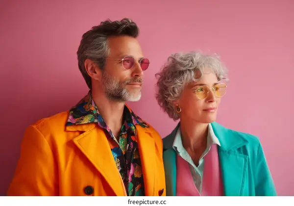 Stylish Couple Posing Against a Vibrant Pink Background