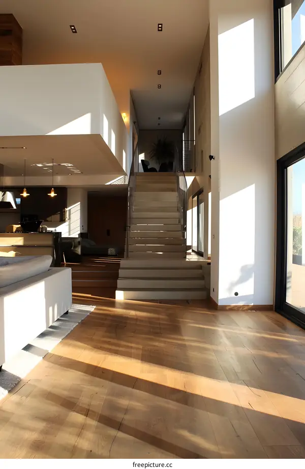 Modern House Interior Design with Wooden Floor and Sunlight