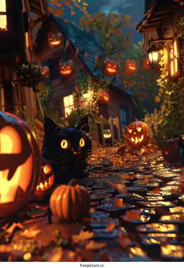 Black Cat in Spooky Halloween Village
