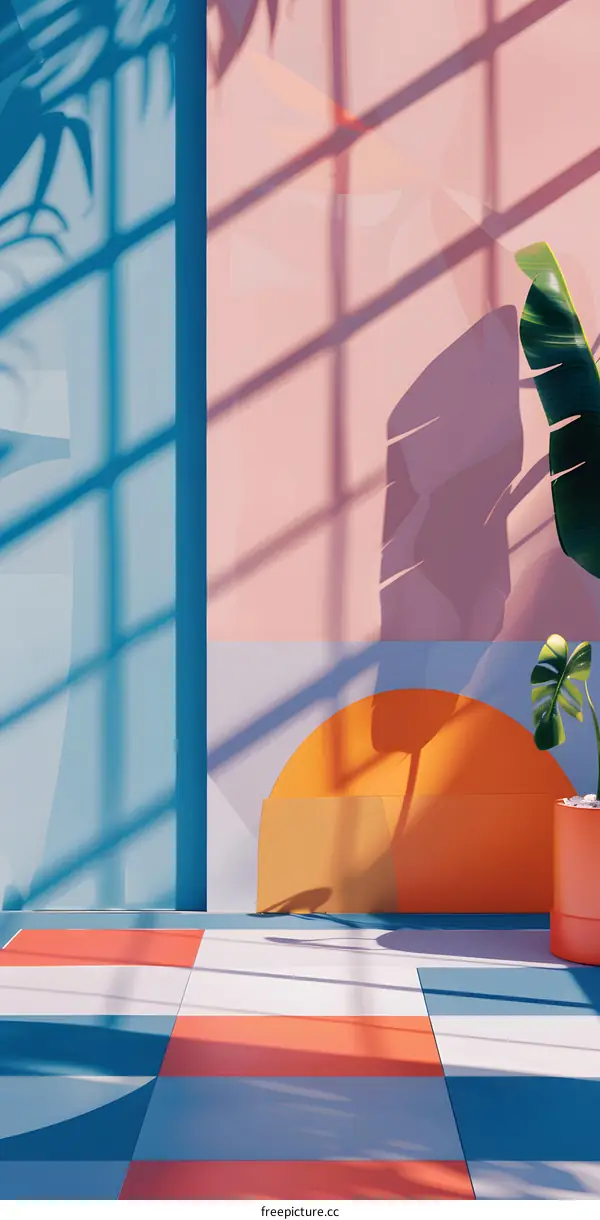 Minimalist Abstract Room Interior Design with Sunbeams and Tropical Plant