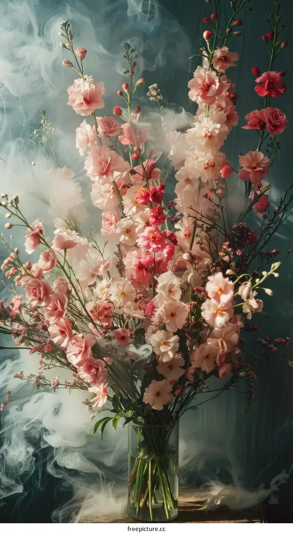 A beautiful bouquet of flowers in a vase with smoke