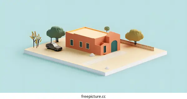 Low Poly Style Illustration of House with Car and Trees