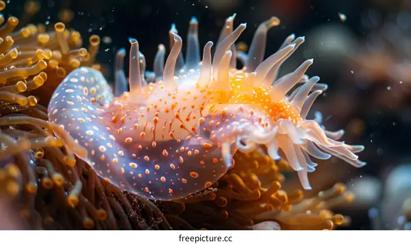 A translucent orange and white anemone with blue-tipped tentacles