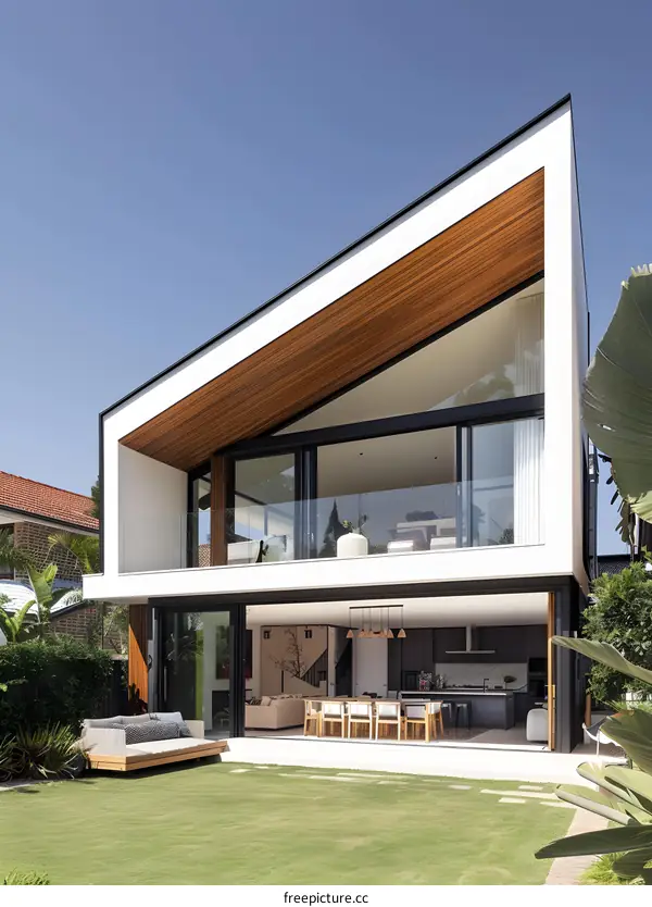 Modern House with Wooden Roof and Glass Windows