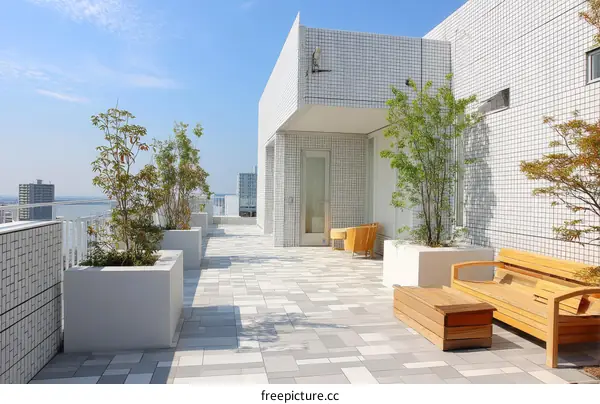 Modern Rooftop Terrace with Wooden Furniture