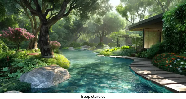 Winding Path Through Lush Forest Reflecting in Crystal Clear Lake