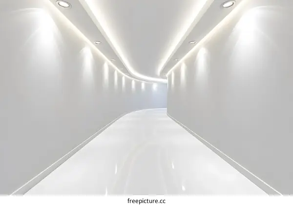 Modern White Hallway with Curved Ceiling and Recessed Lighting