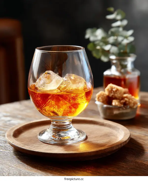 Amber Liquor with Ice on Wooden Tray