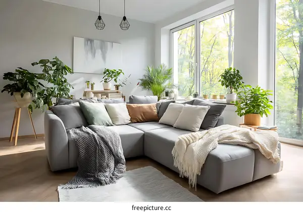 Modern Gray Sectional Sofa Living Room with Plants