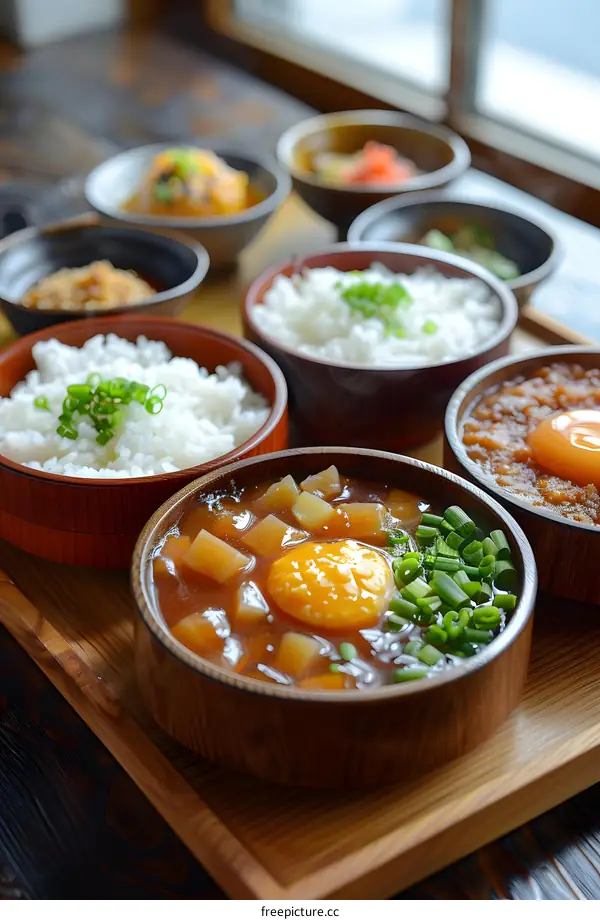 Japanese Cuisine: Traditional Dishes in Wooden Bowls