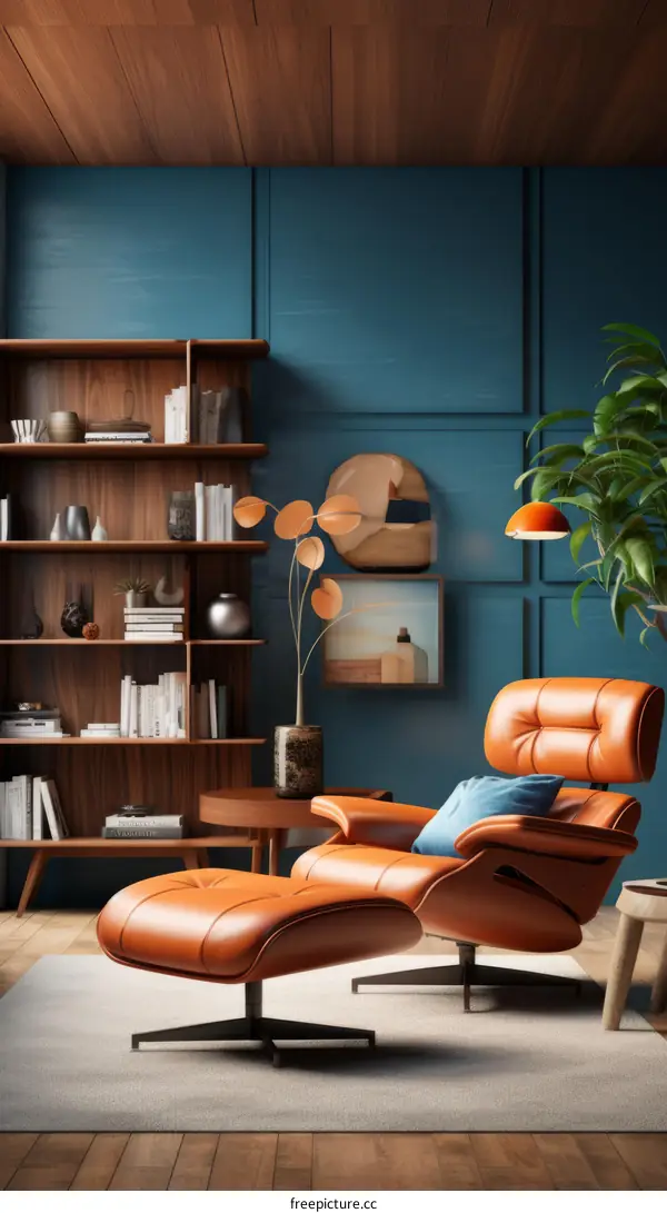 Blue room with brown leather chair and wooden bookshelf