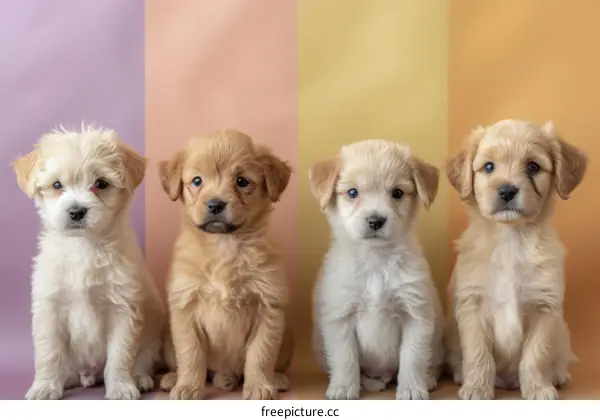 Four adorable puppies sitting in front of a multi-colored background