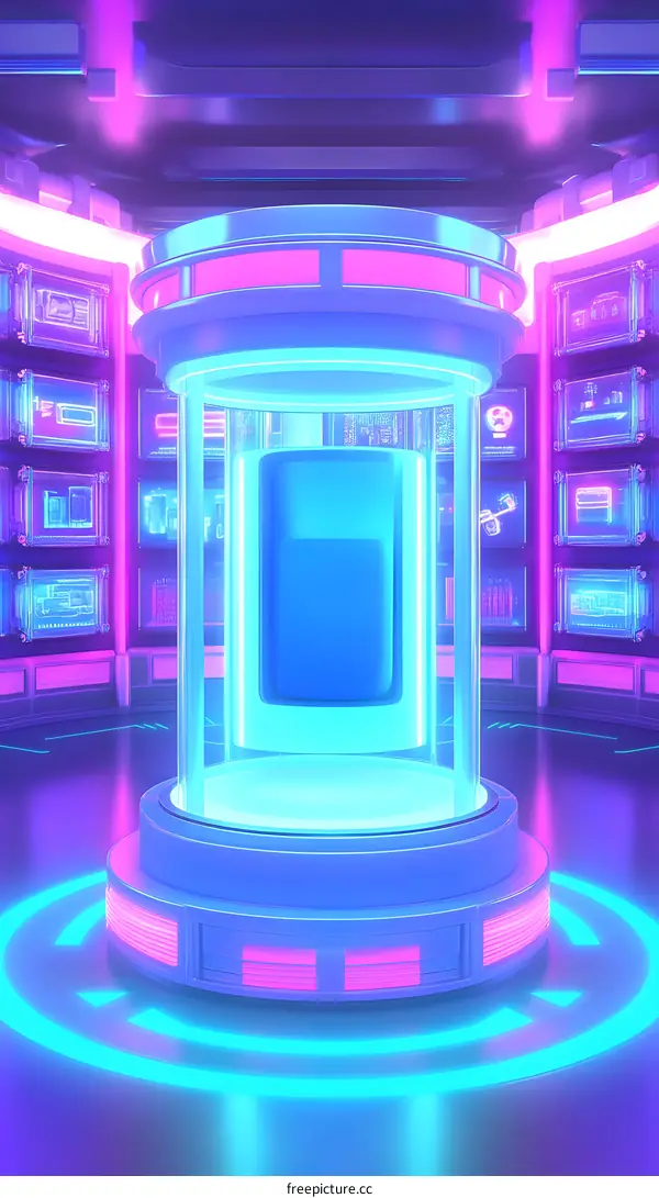 Futuristic Neon Glow Room with Glass Pod