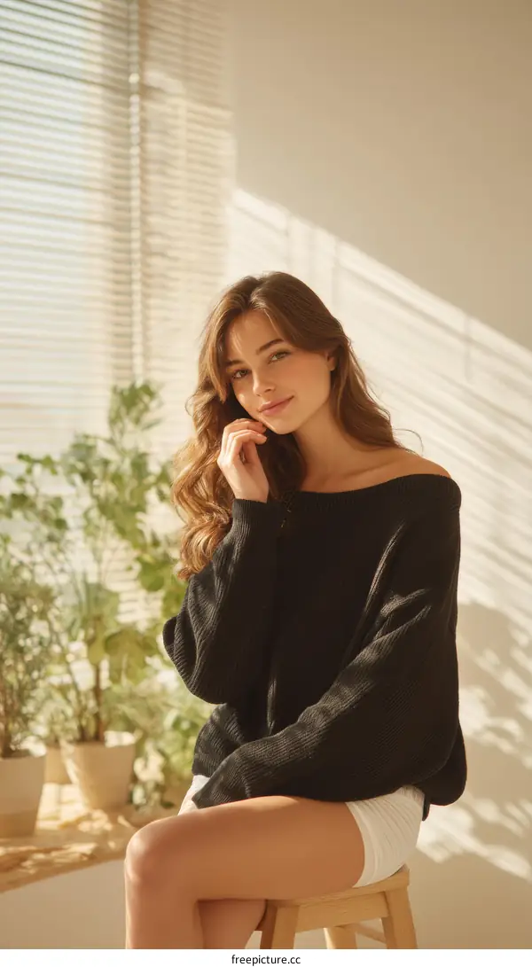 Woman in Black Sweater by the Window