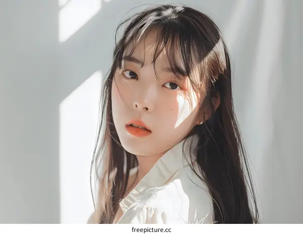 Close up portrait of young Asian woman with long hair