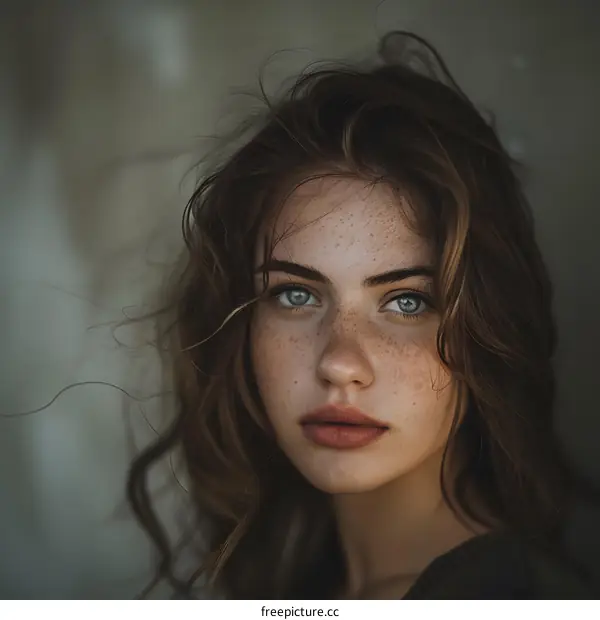 Portrait of a Young Woman with Freckles and Blue Eyes