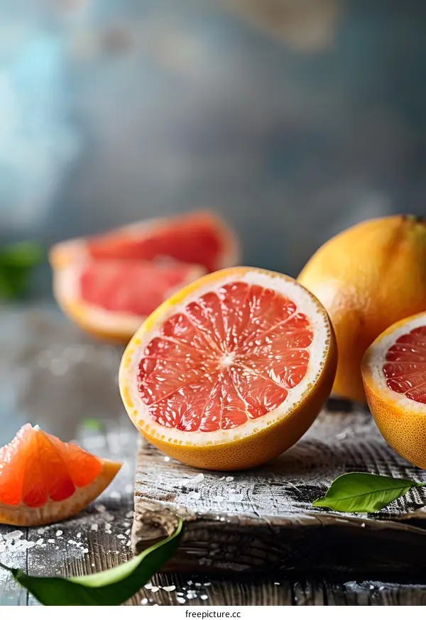 Fresh Grapefruit Slices On A Wooden Board