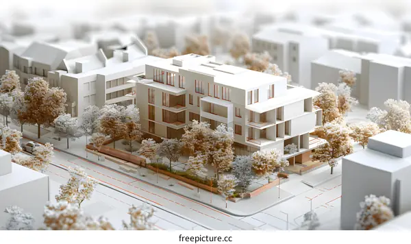 white miniature city model of apartment buildings with trees and a road