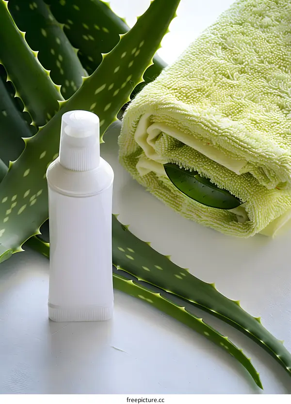 Aloe Vera Leaves and Cream Tube with Towel