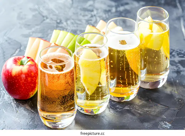 Sparkling Apple Cider with Apple Slices in Glasses